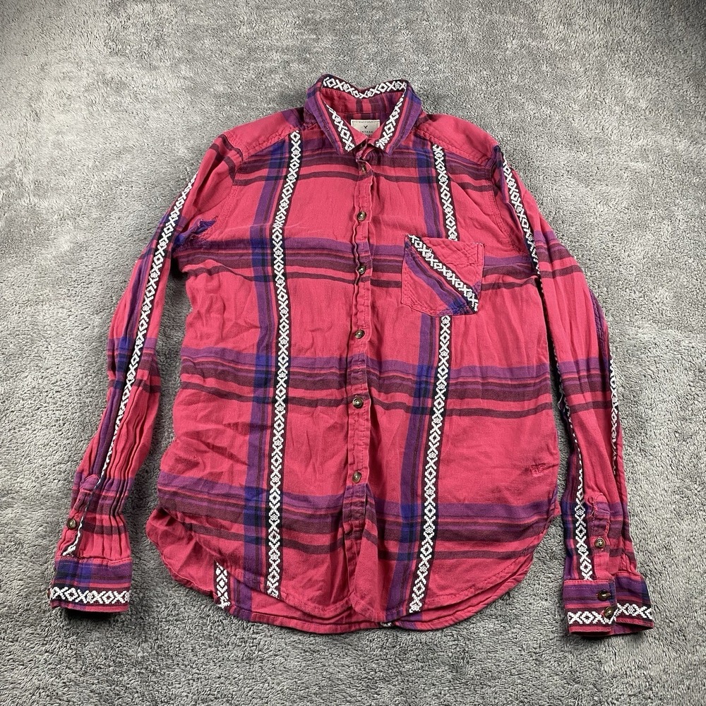 American Eagle Vintage Boyfriend Shirt Womens Small Red Plaid Long Sleeve‎